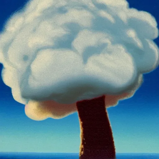 Image similar to nuclear mushroom cloud in the shape of bob ross