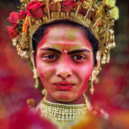 Image similar to realistic expired fuji film portrait of happy india hijra, red roses celestial vibe, hyperrealism, hypermaxiymalism, photorealistic, detailed, atmospheric, 8 k, award winning photography, cinematic