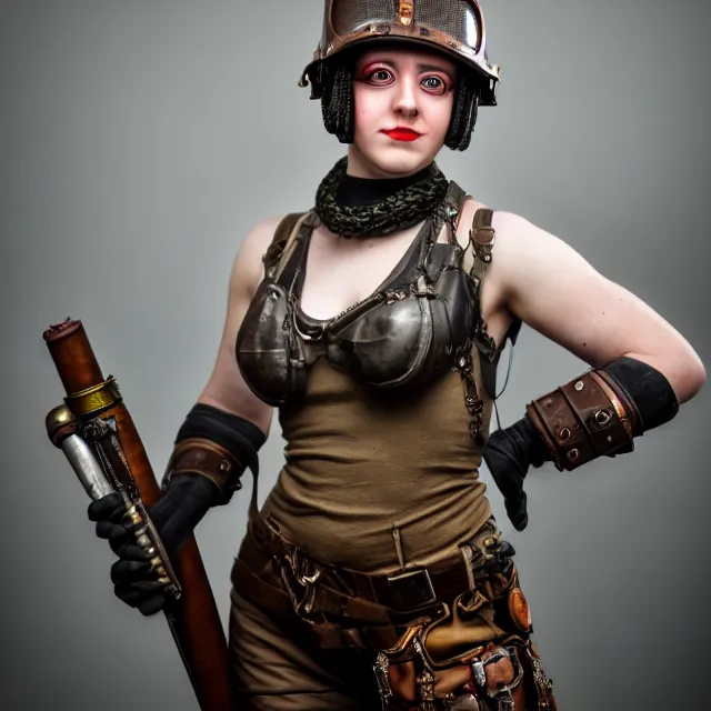 Image similar to full length photo of a very beautiful female dieselpunk warrior, 8 k, hdr, smooth, sharp focus, high resolution, award - winning photo