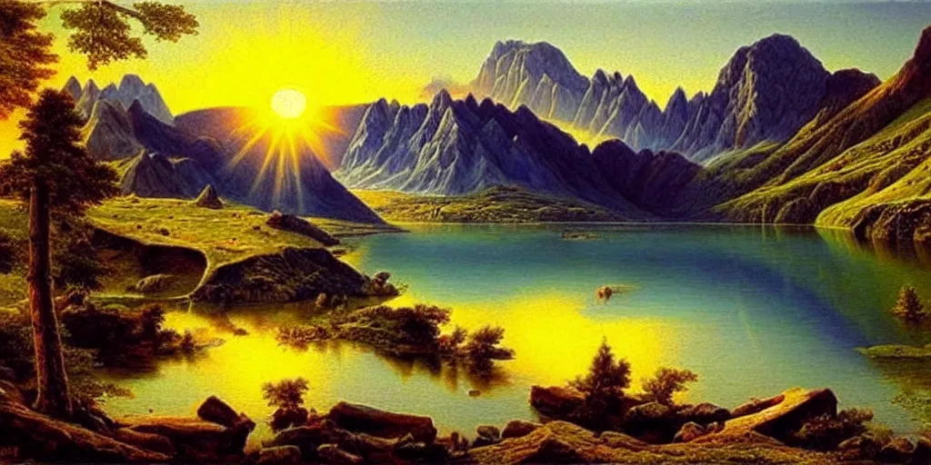 Image similar to a beautiful landscape, sun rises between two mountains, a lake in between the mountains, painting by john stephans, extremely detailed, hyper realism