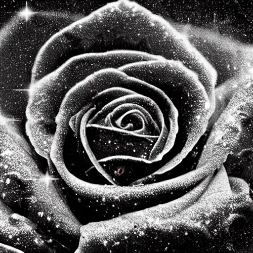 Prompt: award - winning macro of a beautiful black rose made of molten magma and nebulae on black background by harold davis, georgia o'keeffe and harold feinstein, highly detailed, hyper - realistic, inner glow, petals made of star clusters, trending on deviantart, artstation and flickr, nasa space photography, national geographic