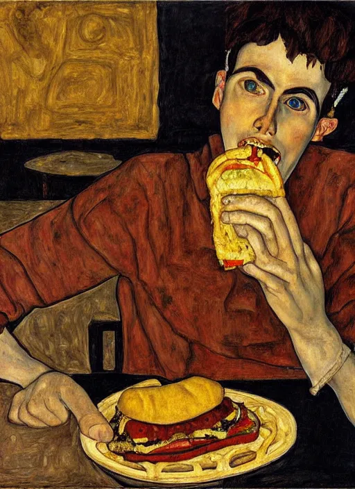 Prompt: young man eating a hamburger in the center of a dark medieval dinning room, surrounded by starving people in front of a giant painting, extremely realistic and highly detailed painting by egon schiele, soft light, gold ratio