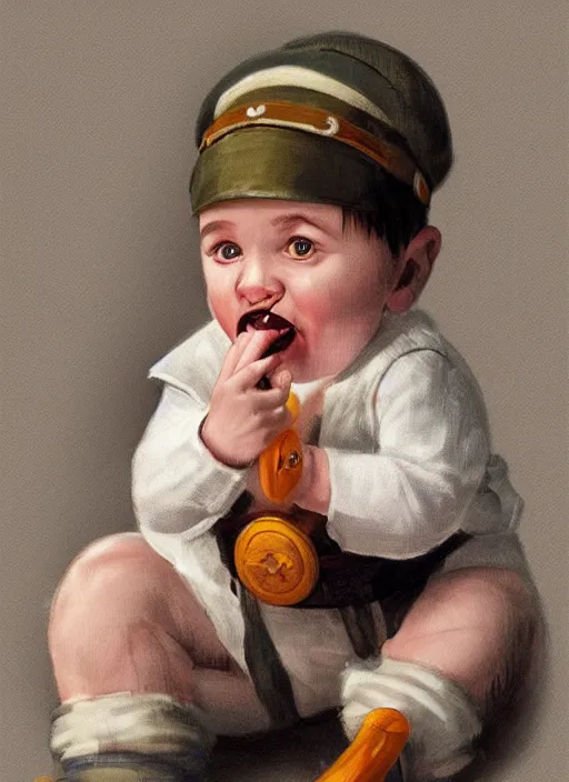 Prompt: Hitler dressed as a baby, sucking a dummy, highly detailed, digital painting, artstation, concept art, sharp focus, illustration, briclot, rutkowski, mucha