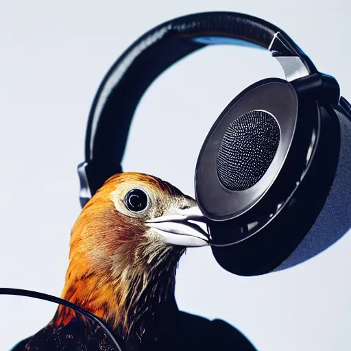 Image similar to A photograph of a bird wearing headphones and speaking into a high-end microphone in a recording studio.