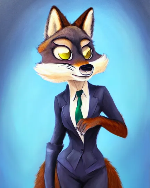 Image similar to oil painting of anthromorphic female wolf, in style of zootopia, female fursona, furry, furaffinity, 4 k, deviantart, furry art, fursona art, wearing black business suit, business suit, wolf fursona, female, smug expression,