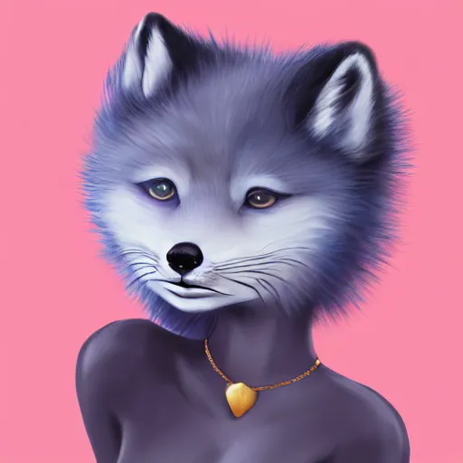 Image similar to digital painting of a female anthro arctic fox furry with blue eyes in a beautiful black dress, wlop, trending on artstation, furry fox ears, anthro paws and arms, gold necklace, femme, wlop, gradient shading, simple shading