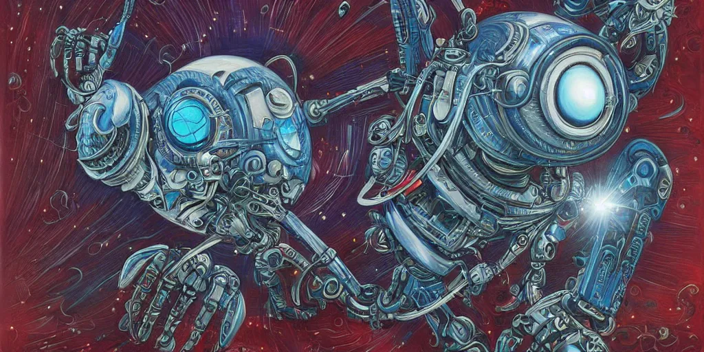 Prompt: a beautiful painting of robot by aaron horkey, trending on artstation blue with stars background