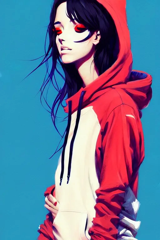 Image similar to a ultradetailed painting of a stylish girl in a oversized hoodie by conrad roset, greg rutkowski and makoto shinkai trending on artstation