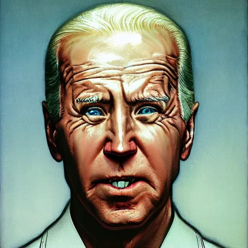 Prompt: giant distorted joe biden reconstructing the multiverse from a shattered mirror, american patriotism, perfectly clear face, by j. c. leyendecker and beksinski