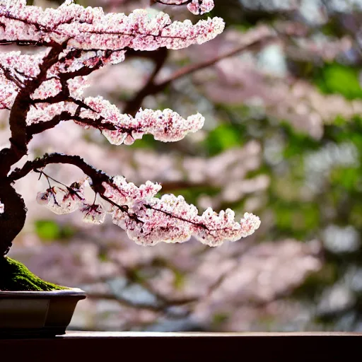 Image similar to photo of a cherry blossom bonsai tree, bokeh, beautiful, cinematic, high detail, amazing,