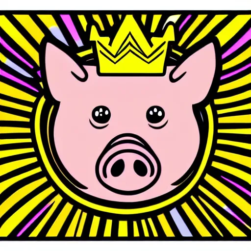 Image similar to Highly detailed comic book style drawing of a pig wearing a gold crown, full body, zoomed out, retro, colorful, intricate, vector art, sharp