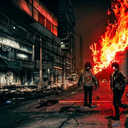 Image similar to post apocalyptic city, revolutionary punk masked up punk, fire, damaged, trash, full shot, by liam wong