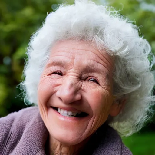Prompt: an old woman smiling. she has a thin transparent oxygen tubing under her nose