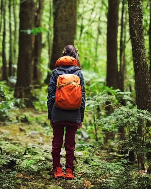 Image similar to Girl wearing backpack and adventure clothes standing in a forest, by Donglu Yu.
