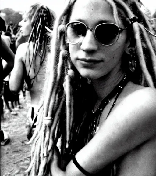 Image similar to portrait of a stunningly beautiful hippie girl with shoulder length blonde dreadlocks dancing at a rave festival, by bruce davidson