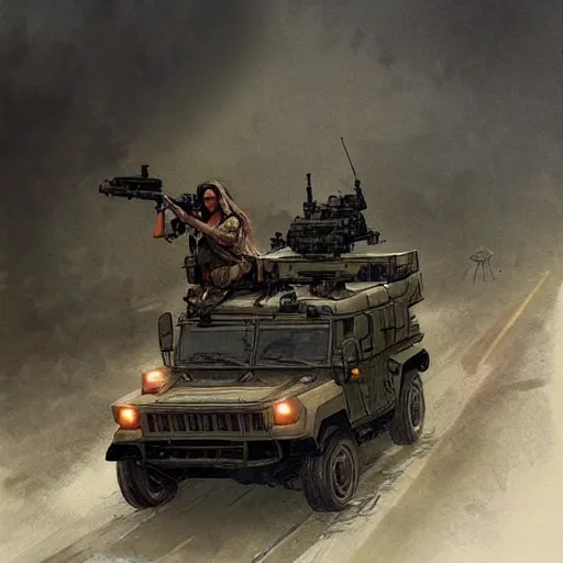 Prompt: A pale young indian woman riding a Humvee from Battlefield 4, very detailed face, gorgeous, beautiful, intricate, highly detailed, digital painting, artstation, concept art, sharp focus, illustration, art by greg rutkowski and alphonse mucha