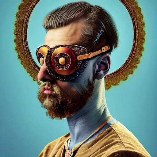 Image similar to Colour Caravaggio and Leonardo da Vinci style full body portrait Photography of Highly detailed Man wearing Ukrainian folk costume with 1000 years perfect face wearing highly detailed retrofuturistic VR headset designed by Josan Gonzalez. Many details In style of Josan Gonzalez and Mike Winkelmann and andgreg rutkowski and alphonse muchaand and Caspar David Friedrich and Stephen Hickman and James Gurney and Hiromasa Ogura. Rendered in Blender and Octane Render volumetric natural light