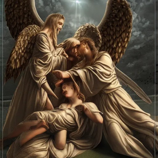 Image similar to angels protecting a praying man very highly detailed, award winning, trending on artstation, 4K UHD image