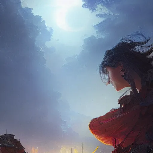 Image similar to a beautiful picture of a blue eye girl, ruins of a destroyed city and a yellow-red moon on background, rainy atmosphere, natural volumetric light, intricate, highly detailed, digital painting, artstation, concept art, sharp focus, illustration, art by greg rutkowski and alphonse mucha