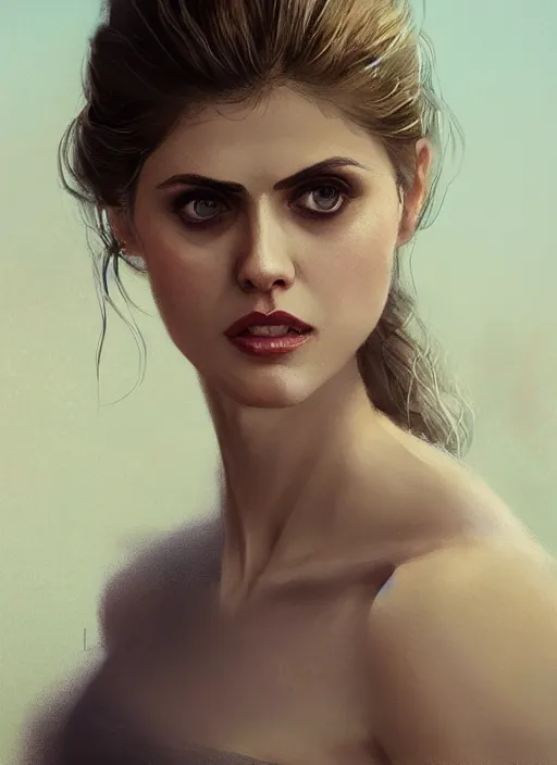 Prompt: a digital painting of Alexandra Daddario wearing a off the shoulder dress, by netter, beautiful, gorgeous, long hair, style from greg rutkowski, beautiful eyes, full frame, oil painting, featured on artstation, concept art, smooth, sharp focus, illustration, very detailed, ambient lighting, unreal engine render, concept art by Atey Ghailan, by Loish, by Bryan Lee O'Malley