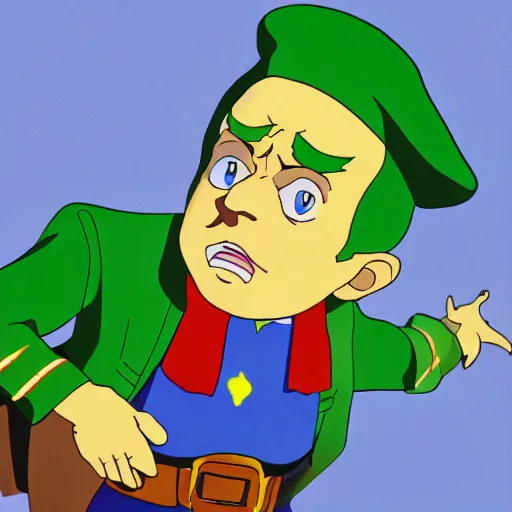 Image similar to cel - shaded image of joe biden as tingle from legend of zelda, studio ghibli animation cel by moebious