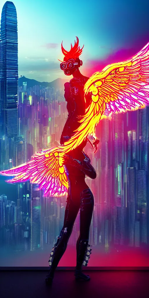 Prompt: an cyberpunk woman goddess seraphin with burning wings, hong kong skyline in the background, intricate, hyperrealistic, anthropomorphic, volumetric lighting, bright colors, lens flare, 6 point perspective