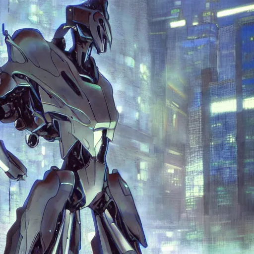 Prompt: 2 0 1 9 anime screenshot of a sleek, slender, human - scale mecha suit defending the city streets, designed by hideaki anno, drawn by tsutomu nihei, and painted by zdzislaw beksinski