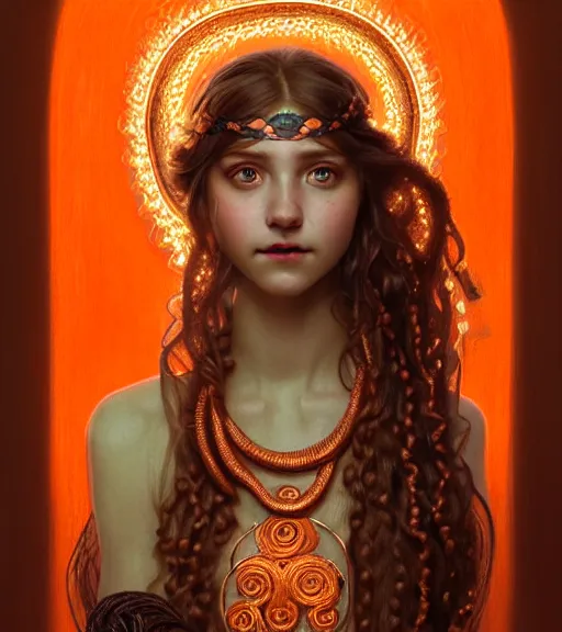 Image similar to portrait of teenage medusa, snake hair, naughty smile, wearing an embroidered orange tunic, intricate, elegant, copper and emerald jewelry, glowing lights, highly detailed, digital painting, artstation, concept art, smooth, sharp focus, illustration, art by wlop, mucha, artgerm, and greg rutkowski