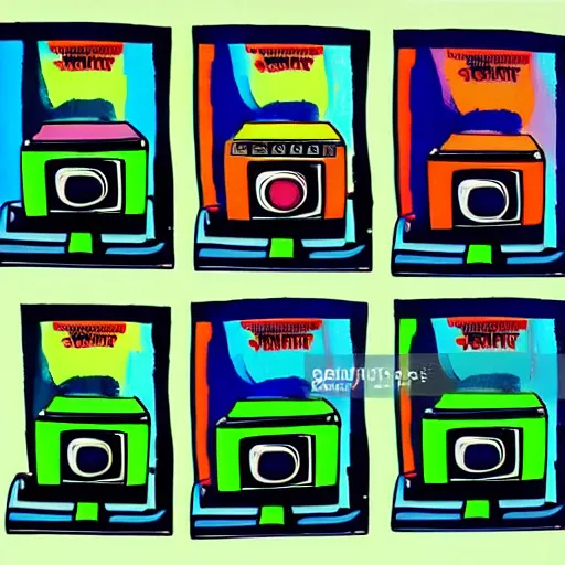 Image similar to array of crt televisions, tv static, blob, technology, antenna, stacked, junkyard, polaroid, steroids, adult video store, impressionist painting, painting, acrylic painting, cell shaded, by andy warhol