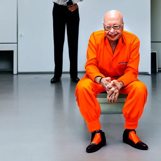 Image similar to UHD candid photo of Klaus Schwab wearing an orange jumpsuit, in shackles, wearing extremely accurate clown makeup, accurate face, UHD, photorealistic, correct face, photo by Annie Leibowitz