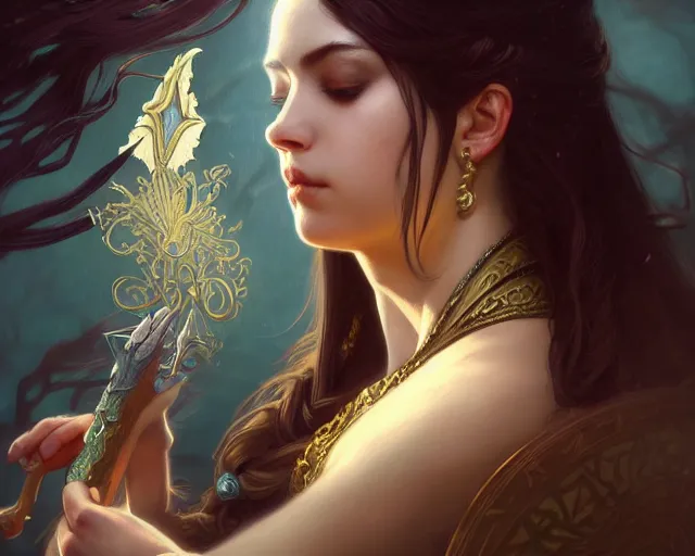 Image similar to a fantasy painting still portrait of nirvana, deep focus, d & d, fantasy, intricate, elegant, highly detailed, digital painting, artstation, concept art, matte, sharp focus, illustration, dark fantasy style art, hearthstone, art by artgerm and greg rutkowski and alphonse mucha