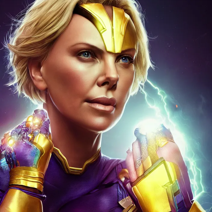 Image similar to portrait of ((Charlize Theron)), wearing The Infinity Gauntlet. SNAP. intricate artwork. octane render, trending on artstation, avengers. thanos. cinematic, hyper realism, high detail, octane render, 8k, iridescent accents