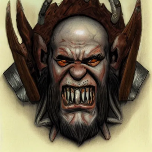 Image similar to chaos dwarf smith from warhammer fantasy : : head and torso portrait drawing