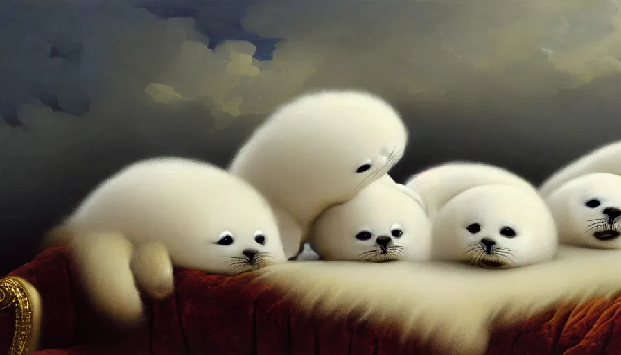 Prompt: highly detailed painting of cute furry white baby seals cuddling up on a brown leather sofa with ice by ivan aivazovsky, thick brush strokes and visible paint layers, 4 k resolution, lounge background