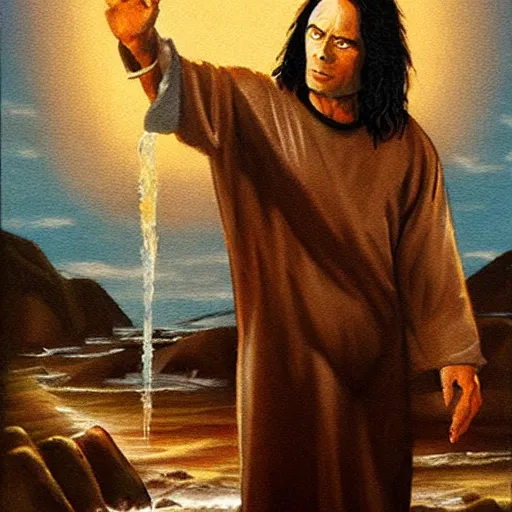 Prompt: tommy wiseau walking on water with jesus, biblical, oil painting, sunny, beautiful