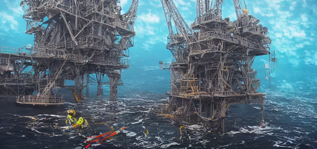 Image similar to Scuba Diver under an offshore oil rig in treacherous waters, highly detailed, ultra detailed, award-winning, trending on artstation, megalophobia