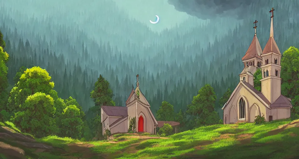 Image similar to view of a catholic church on a forested mountain, in the style of studio ghibli, distant, detailed, artstation, award winning painting,