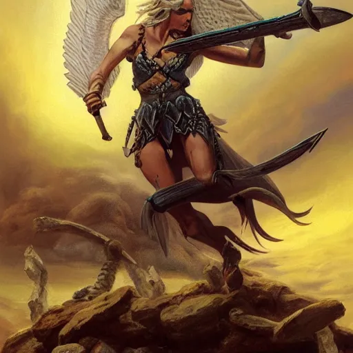 Prompt: a valkyrie swinging a greatsword atop a pile of bones painted by boris vallejo, epic fantasy, soft details, illustration, album cover, HD, trending on artstation, intricate