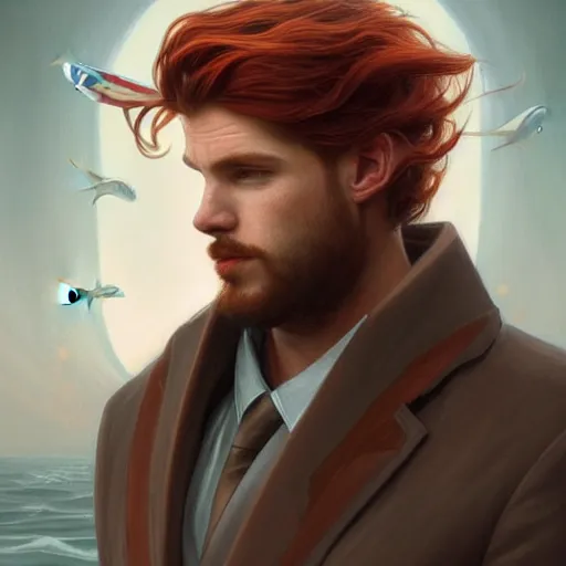 Image similar to portrait of a shark with a humanoid face, male, handsome, masculine, full body, red hair, long hair, soft hair, fantasy, intricate, elegant, highly detailed, suit, coffee shop, digital painting, artstation, concept art, character art, smooth, sharp focus, illustration, art by artgerm and greg rutkowski and alphonse mucha