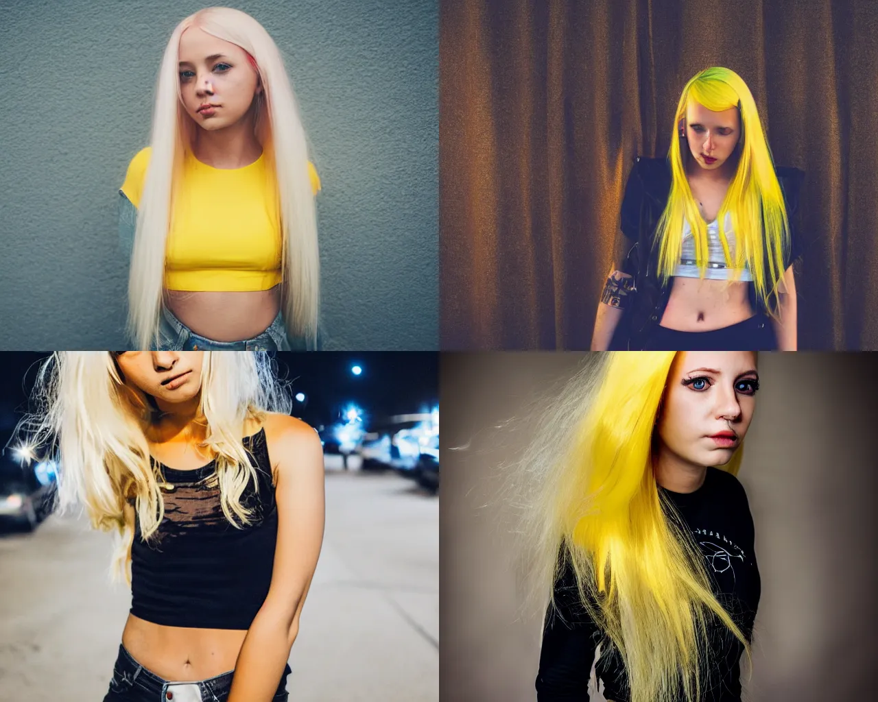 Prompt: photo of a girl with long yellow hair wearing a crop top during the night, dslr, canon