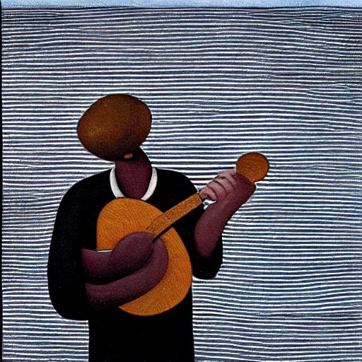 Image similar to a painting of a man wearing striped shirt, playing the guitar by gertrude abercrombie. precisionism, surrealism, dark, low contrast, featured on pixiv, art on instagram, detailed painting