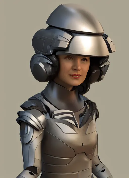 Image similar to a woman in a futuristic helmet with arms crossed, a 3 d render by senior character artist, featured on zbrush central, neo dada, zbrush, polycount, rendered in maya