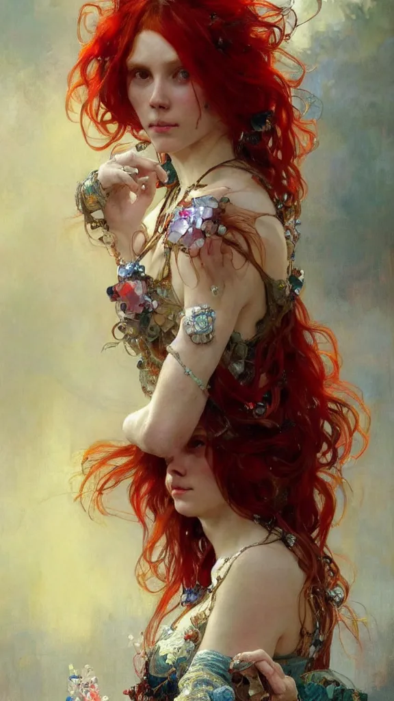 Image similar to a highly detailed beautiful red haired woman, adorned with precious stones, intricate by jeremy mann and alphonse mucha, 8 k resolution, trending on artstation, very very detailed, masterpiece, stunning,