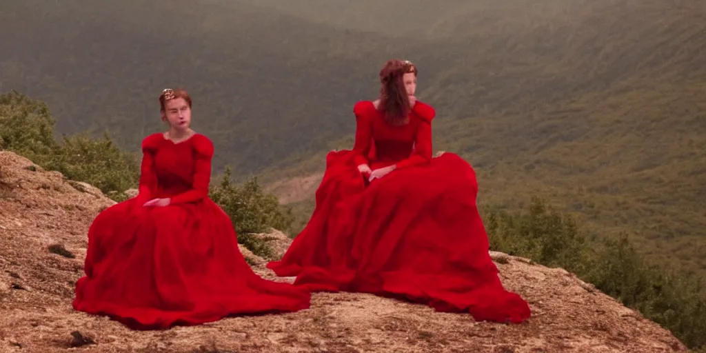 Image similar to film still of closeup a woman in a red dress, sitting on a throne. on a mountain of dead knights. one knight standing on one knee below by emmanuel lubezki