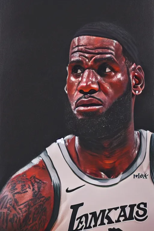 Prompt: lebron james, a dark and dramatic portrait of lebron james with a serious look on his face before a game, muted colors, soft lighting, atmospheric, cinematic, moody lighting, in the style of jenni saville and krenz cushart, oil on canvas, 8 k