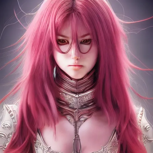 Image similar to hyperrealistic painting of a anime cat girl, stunning 3d render inspired art by P. Craig Russell and Barry Windsor-Smith + perfect facial symmetry + dim volumetric lighting, long flowing pink hair, pale skin, ornate crimson gothic armor, full body, confident heroic pose, 8k octane beautifully detailed render, post-processing, extremely hyperdetailed, intricate, epic composition, grim yet sparkling atmosphere, cinematic lighting + masterpiece, trending on artstation, very very detailed, masterpiece, stunning