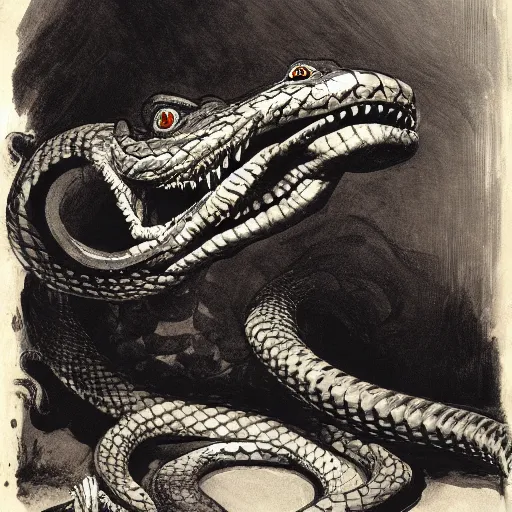 Image similar to coiled rattlesnake neck eyes fangs serpent serpent python wearing a lion lion costume neck tall long snake viper j.m.w. turner greg rutkowski giorgio de chirico william merritt chase ralph steadman arsen savadov dan witz uta natsume aquatint