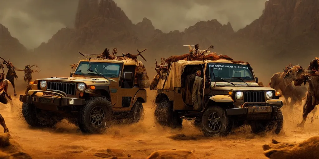 Image similar to Mahindra thar, tribe members attacking, action scene, an epic fantasy, dramatic lighting, cinematic, establishing shot, extremely high detail, photorealistic, cinematic lighting, artstation, by christopher nolan, horizon forbidden west