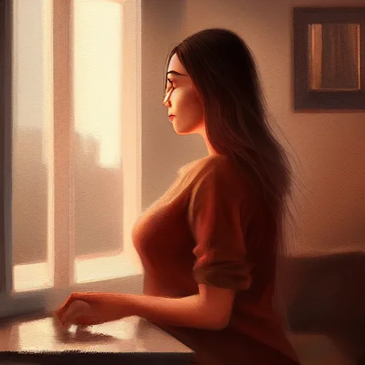 Prompt: oil painting of a beautiful woman in a cozy, comfort home, dimly lit, modern apartment, city from the window, insanely detailed, artstation, digital painting, cinematic lighting