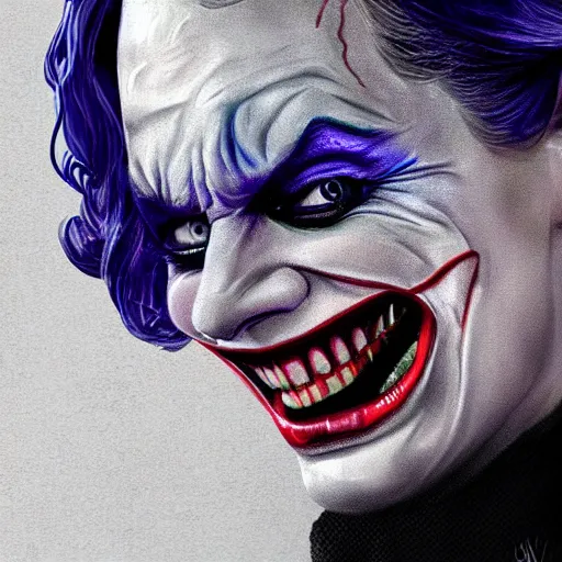 Prompt: margot robbie as the joker, highly detailed, realistic face, digital art